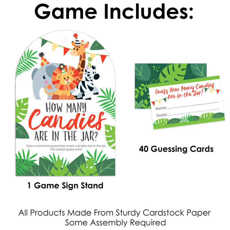 Jungle Party Animals - How Many Candies Safari Zoo Animal Birthday Party or Baby Shower Game - 1 Stand and 40 Cards - Candy Guessing Game