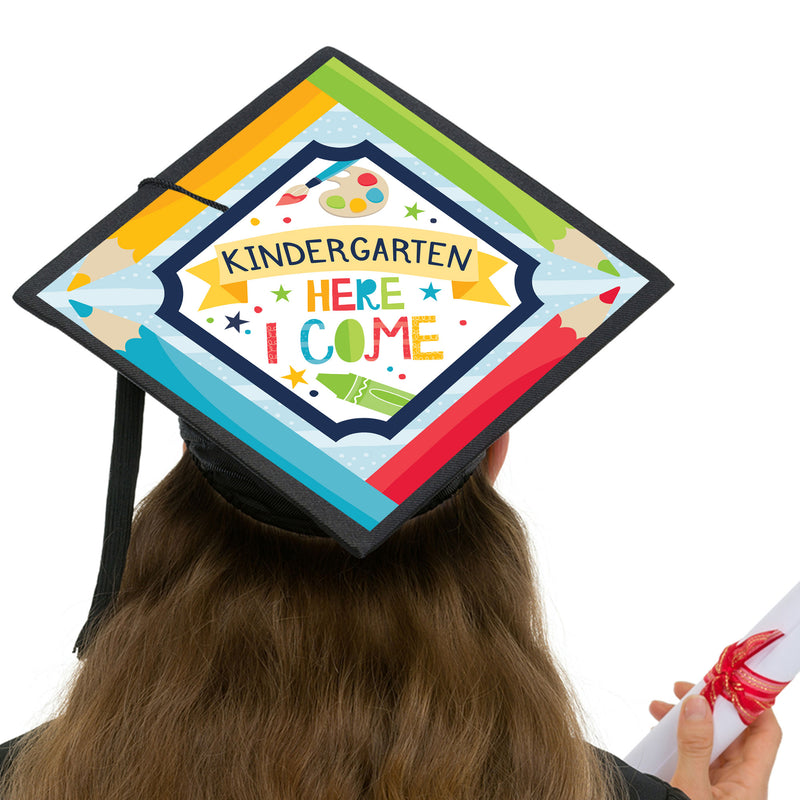 Kindergarten Here I Come - Kids Preschool Graduation Cap Decorations Kit - Grad Cap Cover