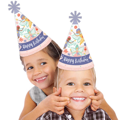 Let's Be Fairies - Cone Happy Birthday Party Hats for Kids and Adults - Set of 8 (Standard Size)