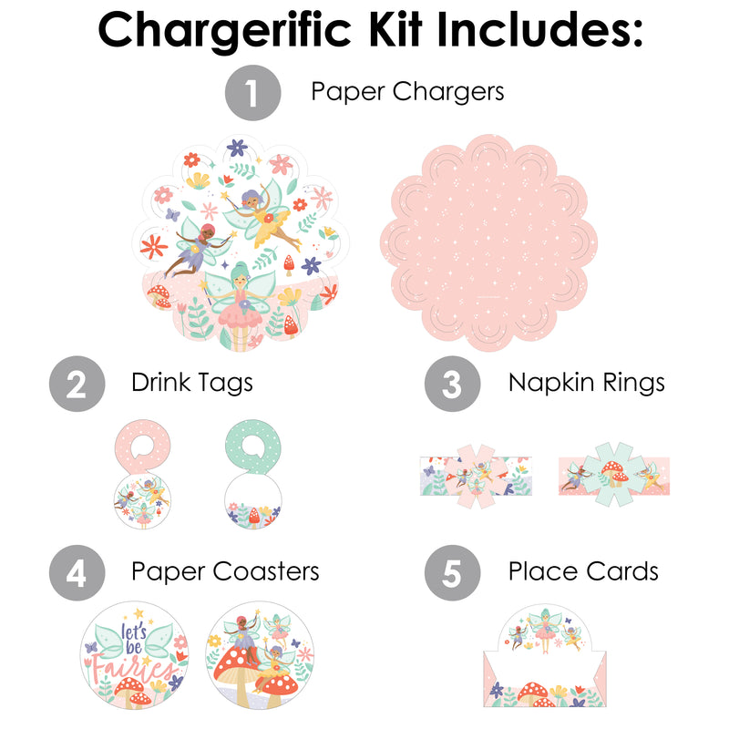 Let’s Be Fairies - Fairy Garden Birthday Party Paper Charger and Table Decorations - Chargerific Kit - Place Setting for 8