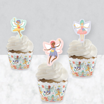 Let's Be Fairies - Cupcake Decoration - Fairy Garden Birthday Party Cupcake Wrappers and Treat Picks Kit - Set of 24