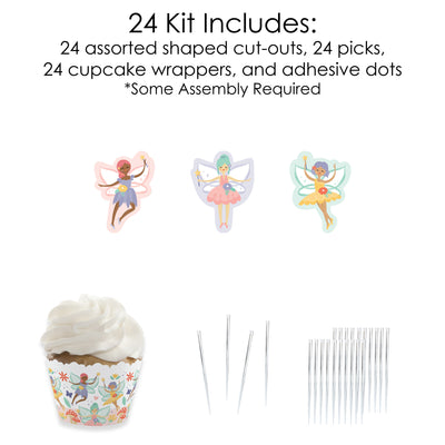 Let's Be Fairies - Cupcake Decoration - Fairy Garden Birthday Party Cupcake Wrappers and Treat Picks Kit - Set of 24