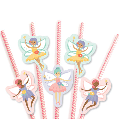 Let's Be Fairies - Paper Straw Decor - Fairy Garden Birthday Party Striped Decorative Straws - Set of 24