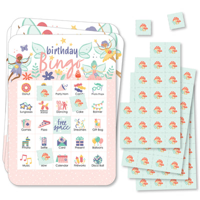 Let's Be Fairies - Picture Bingo Cards and Markers - Fairy Garden Birthday Party Shaped Bingo Game - Set of 18
