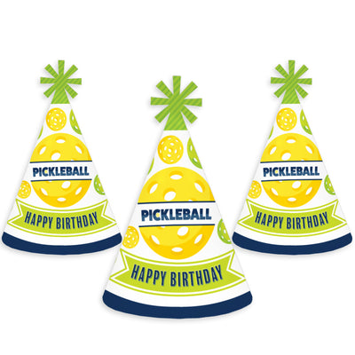 Let's Rally - Pickleball - Cone Happy Birthday Party Hats for Kids and Adults - Set of 8 (Standard Size)