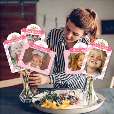 Little Princess Crown - Pink and Gold Princess Birthday Party Picture Centerpiece Sticks - Photo Table Toppers - 15 Pieces
