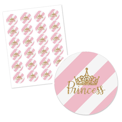 Little Princess Crown - Pink and Gold Princess Baby Shower or Birthday Party Circle Sticker Labels - 24 ct