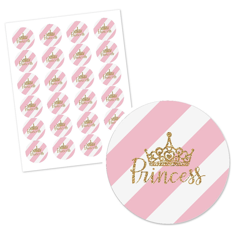 Little Princess Crown - Pink and Gold Princess Baby Shower or Birthday Party Circle Sticker Labels - 24 ct