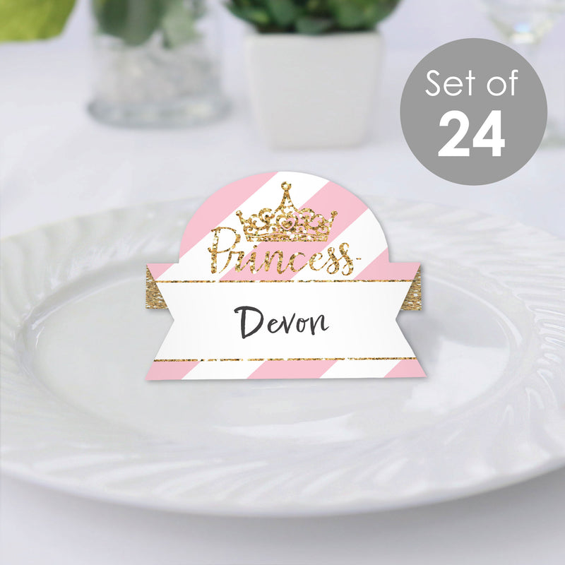 Little Princess Crown - Pink and Gold Princess Baby Shower or Birthday Party Tent Buffet Card - Table Setting Name Place Cards - Set of 24