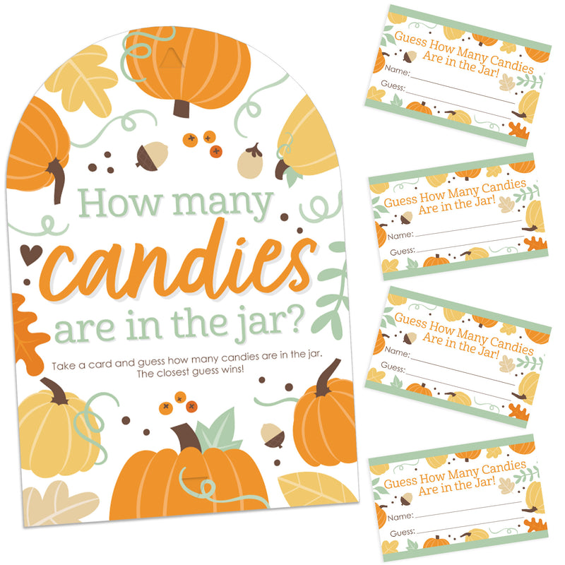 Little Pumpkin - How Many Candies Fall Birthday Party or Baby Shower Game - 1 Stand and 40 Cards - Candy Guessing Game