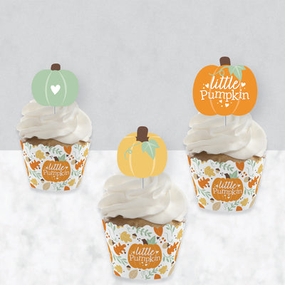 Little Pumpkin - Cupcake Decoration - Fall Birthday Party or Baby Shower Cupcake Wrappers and Treat Picks Kit - Set of 24