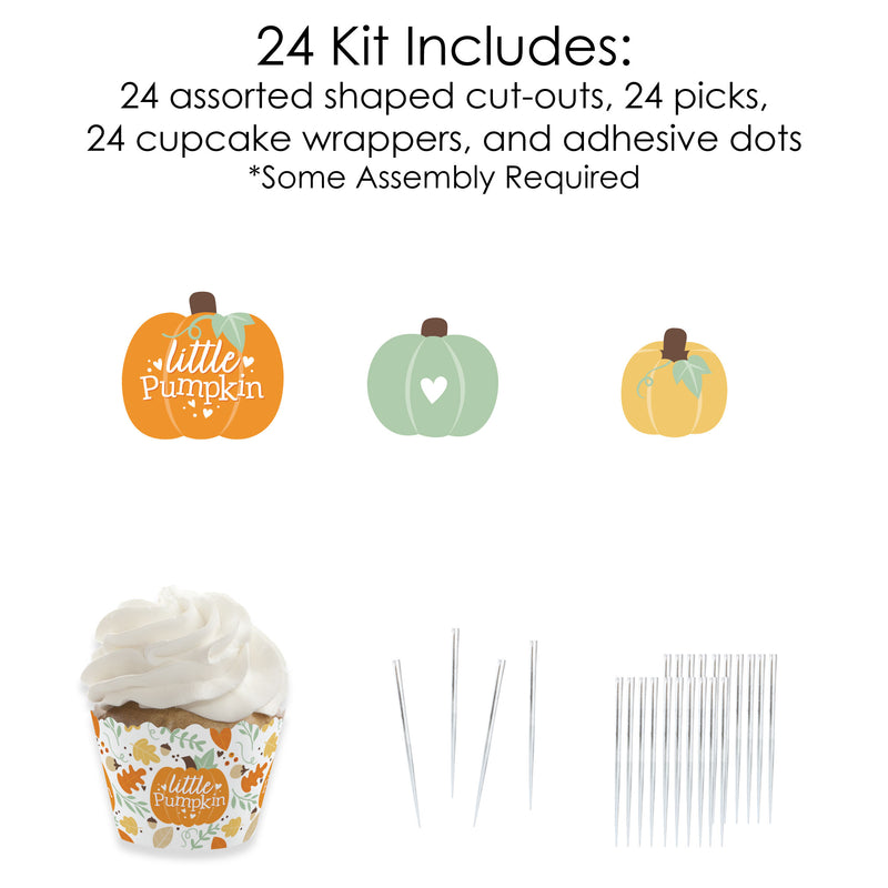 Little Pumpkin - Cupcake Decoration - Fall Birthday Party or Baby Shower Cupcake Wrappers and Treat Picks Kit - Set of 24