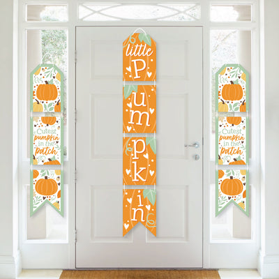 Little Pumpkin - Hanging Vertical Paper Door Banners - Fall Birthday Party or Baby Shower Wall Decoration Kit - Indoor Door Decor