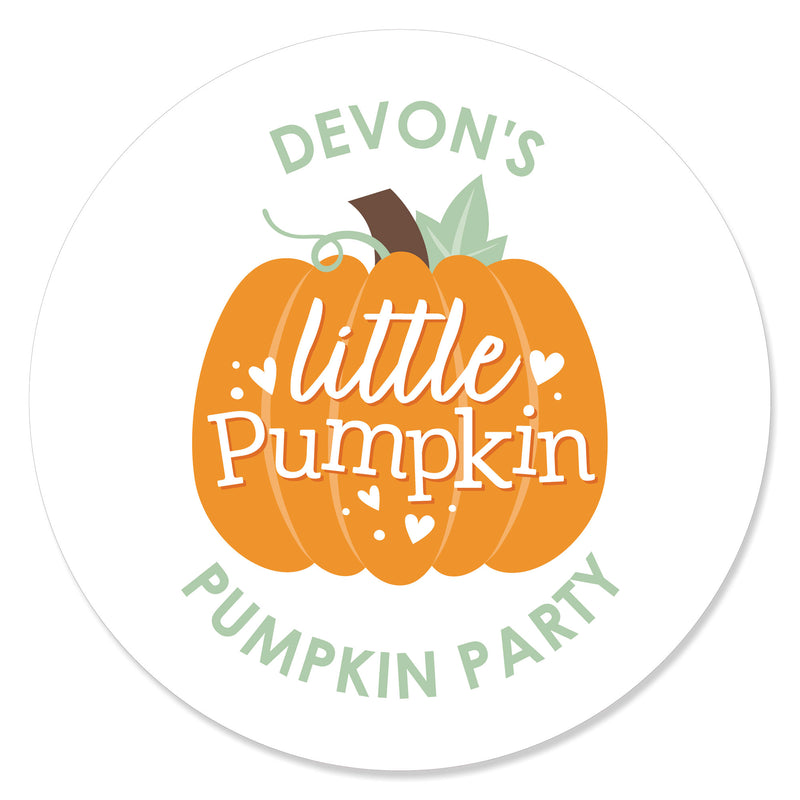 Personalized Little Pumpkin - Custom Fall Birthday Party or Baby Shower Favor Circle Sticker Labels - Custom Text - 24 Count