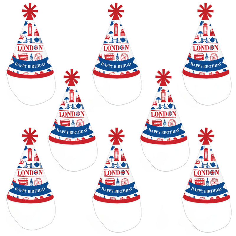 Cheerio, London - Cone Happy Birthday Party Hats for Kids and Adults - Set of 8 (Standard Size)
