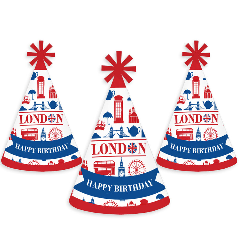 Cheerio, London - Cone Happy Birthday Party Hats for Kids and Adults - Set of 8 (Standard Size)