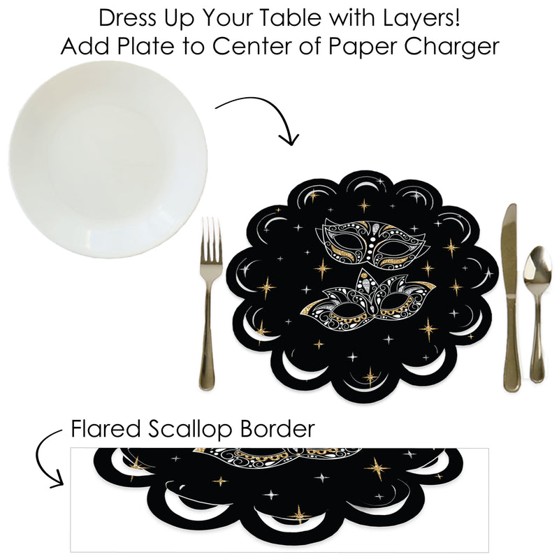 Masquerade - Venetian Mask Party Round Table Decorations - Paper Chargers - Place Setting For 12