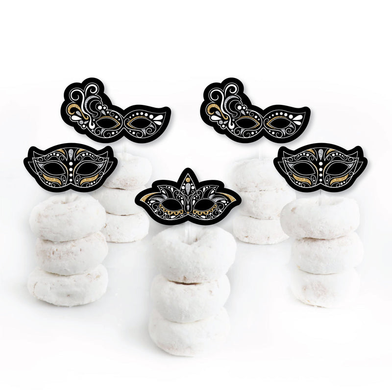 Masquerade - Dessert Cupcake Toppers - Venetian Mask Party Clear Treat Picks - Set of 24