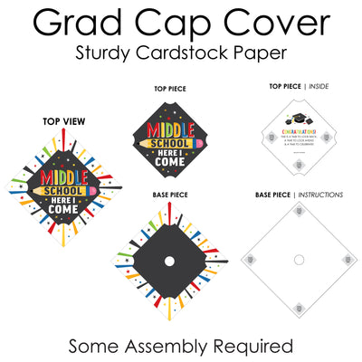 Middle School Here I Come - Elementary Graduation Cap Decorations Kit - Grad Cap Cover
