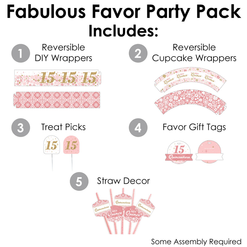 Mis Quince Anos - Quinceanera Sweet 15 Birthday Party Favors and Cupcake Kit - Fabulous Favor Party Pack - 100 Pieces