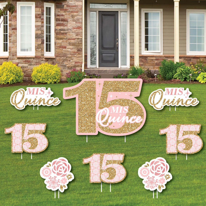 Mis Quince Anos - Yard Sign and Outdoor Lawn Decorations - Quinceanera Sweet 15 Birthday Party Yard Signs - Set of 8
