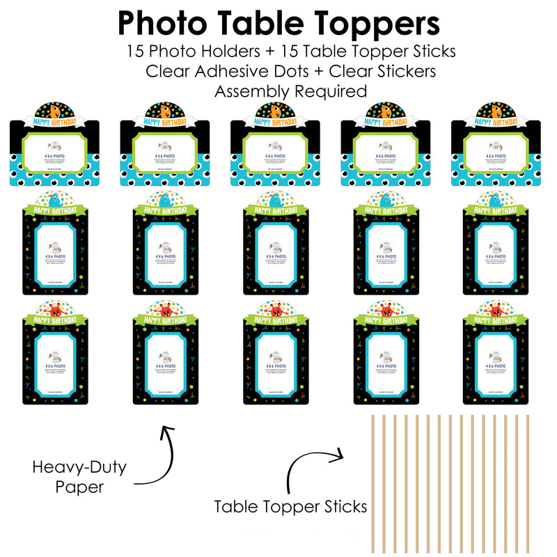 Monster Bash - Little Monster Birthday Party Picture Centerpiece Sticks - Photo Table Toppers - 15 Pieces