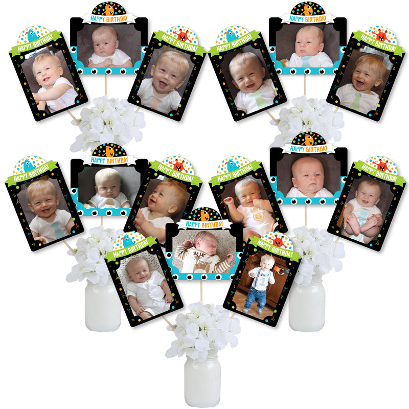 Monster Bash - Little Monster Birthday Party Picture Centerpiece Sticks - Photo Table Toppers - 15 Pieces