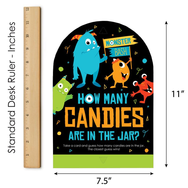 Monster Bash - How Many Candies Little Monster Birthday Party or Baby Shower Game - 1 Stand and 40 Cards - Candy Guessing Game