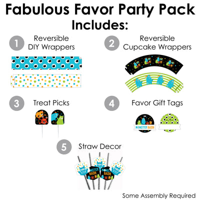 Monster Bash - Little Monster Birthday Party or Baby Shower Favors and Cupcake Kit - Fabulous Favor Party Pack - 100 Pieces