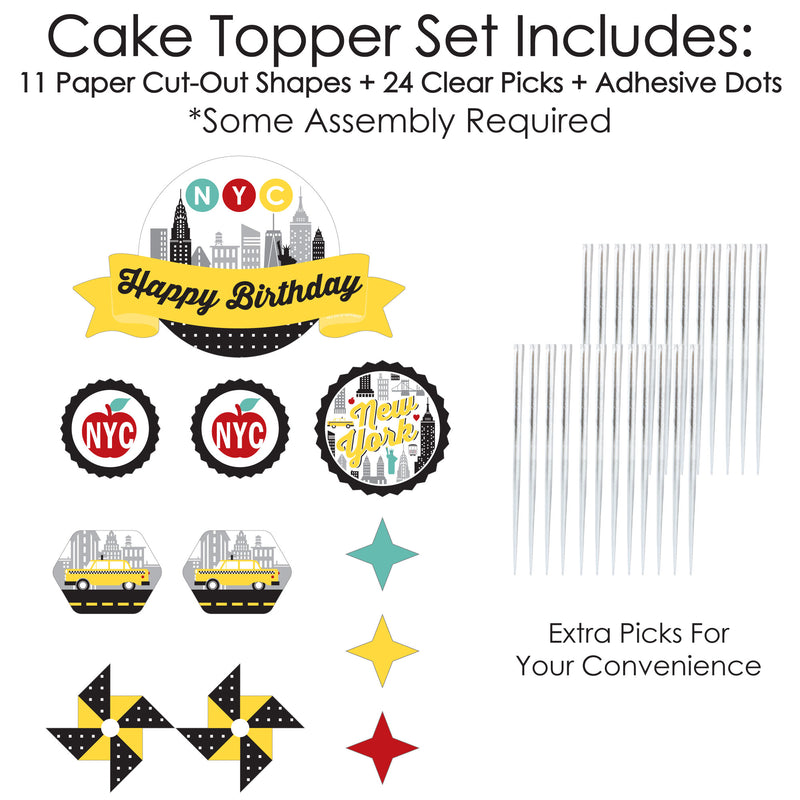 NYC Cityscape - New York City Birthday Party Cake Decorating Kit - Happy Birthday Cake Topper Set - 11 Pieces