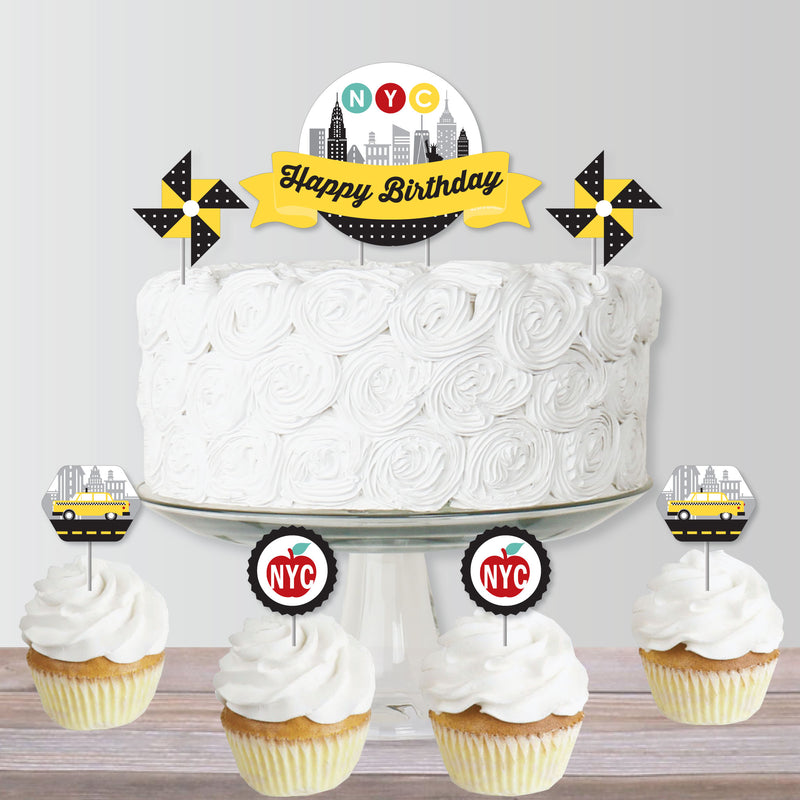 NYC Cityscape - New York City Birthday Party Cake Decorating Kit - Happy Birthday Cake Topper Set - 11 Pieces