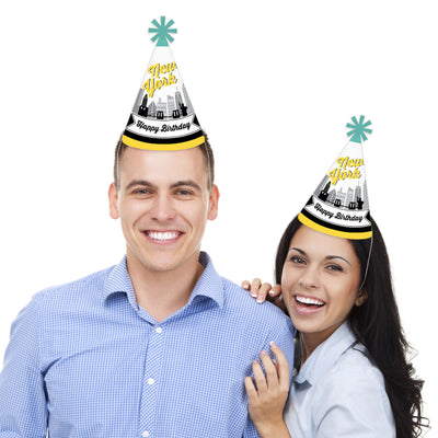 NYC Cityscape - Cone Happy Birthday Party Hats for Kids and Adults - Set of 8 (Standard Size)