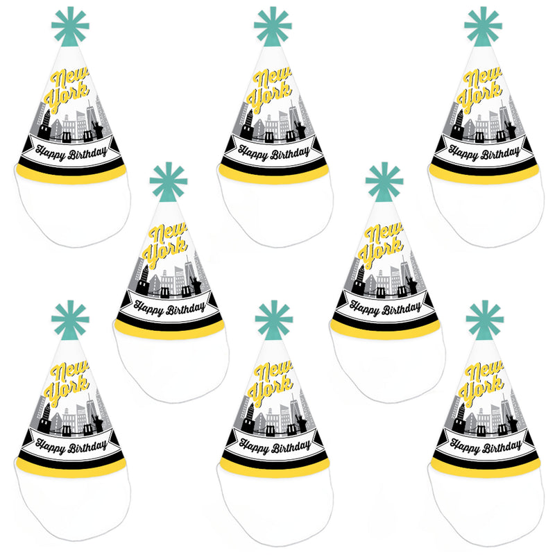 NYC Cityscape - Cone Happy Birthday Party Hats for Kids and Adults - Set of 8 (Standard Size)