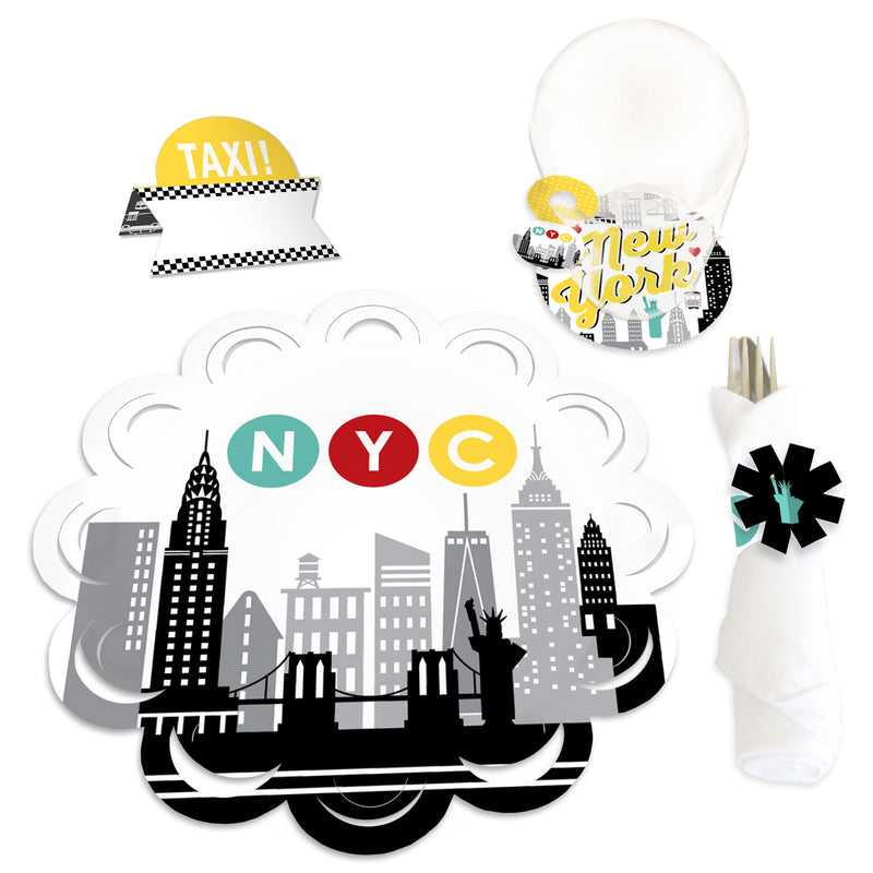 NYC Cityscape - New York City Party Paper Charger and Table Decorations - Chargerific Kit - Place Setting for 8