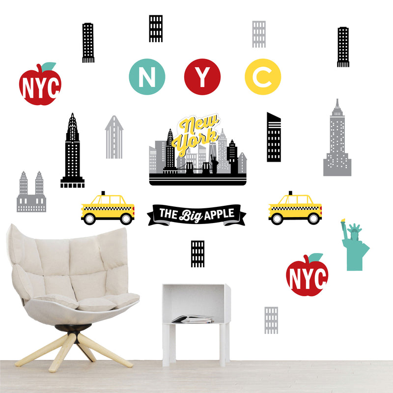 NYC Cityscape - Peel and Stick New York Skyline Vinyl Wall Art Stickers - Wall Decals - Set of 20