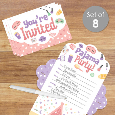 Pajama Slumber Party - Fill-In Cards - Girls Sleepover Birthday Party Fold and Send Invitations - Set of 8