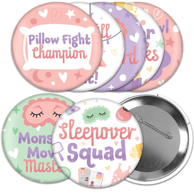 Pajama Slumber Party - 3 inch Girls Sleepover Birthday Party Badge - Pinback Buttons - Set of 8