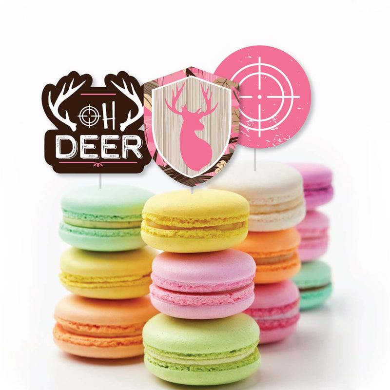 Pink Gone Hunting - Dessert Cupcake Toppers - Deer Hunting Girl Camo Party Clear Treat Picks - Set of 24
