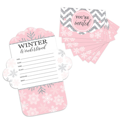 Pink Winter Wonderland - Fill-In Cards - Holiday Snowflake Birthday Party and Baby Shower Fold and Send Invitations - Set of 8