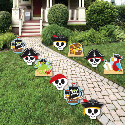 Pirate Ship Adventures - Octopus and Crab, Parrot, Treasure Chest Lawn Decorations - Outdoor Skull Birthday Party Yard Decorations - 10 Piece