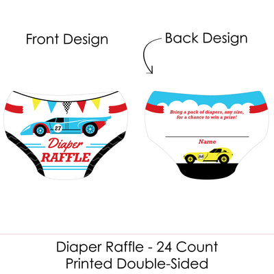 Let's Go Racing - Racecar - Diaper Shaped Raffle Ticket Inserts - Race Car Baby Shower Activities - Diaper Raffle Game - Set of 24