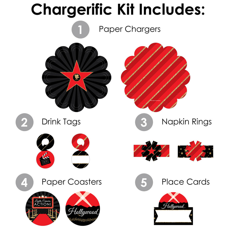 Red Carpet Hollywood - Movie Night Party Paper Charger and Table Decorations - Chargerific Kit - Place Setting for 8