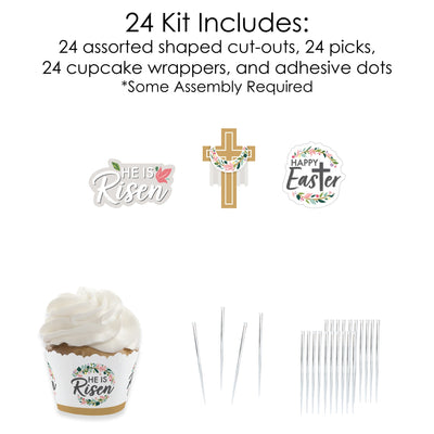 Religious Easter - Cupcake Decoration - Christian Holiday Party Cupcake Wrappers and Treat Picks Kit - Set of 24