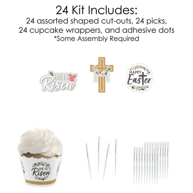 Religious Easter - Cupcake Decoration - Christian Holiday Party Cupcake Wrappers and Treat Picks Kit - Set of 24