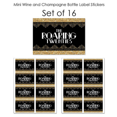 Roaring 20's - Mini Wine and Champagne Bottle Label Stickers - 1920s Art Deco Jazz Party Favor Gift for Women and Men - Set of 16