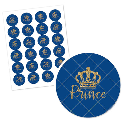 Royal Prince Charming - Baby Shower or Birthday Party Circle Sticker Labels - 24 Count