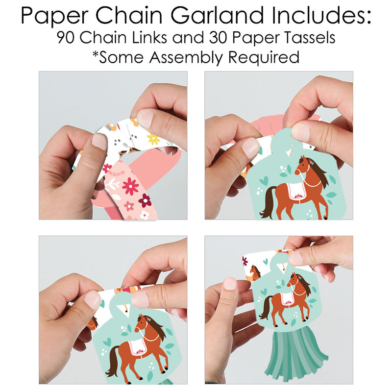 Run Wild Horses - 90 Chain Links and 30 Paper Tassels Decoration Kit - Pony Birthday Party Paper Chains Garland - 21 feet