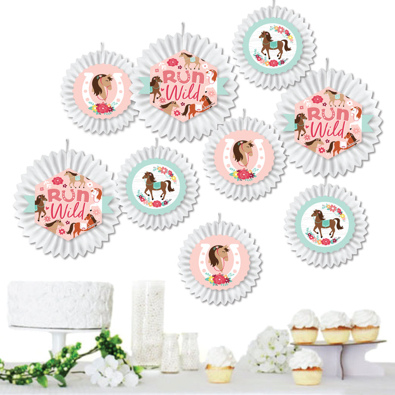 Run Wild Horses - Hanging Pony Birthday Party Tissue Decoration Kit - Paper Fans - Set of 9