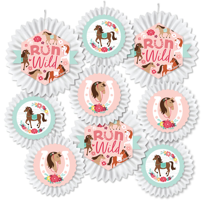 Run Wild Horses - Hanging Pony Birthday Party Tissue Decoration Kit - Paper Fans - Set of 9