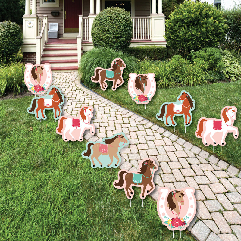 Run Wild Horses - Horseshoe Lawn Decorations - Outdoor Pony Birthday Party Yard Decorations - 10 Piece